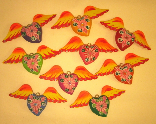 Small Sacred Heart with Flower, S/5 | Christmas Ornaments, Paper Mache, Assorted