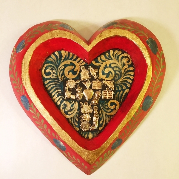 Hand Painted Heart with Cross | Milagro Woodcarvings