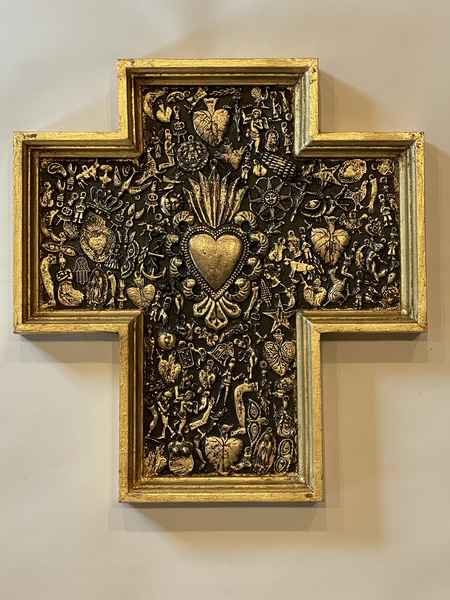Gilded Cross with Milagros and Large Sacred Heart | Milagro Woodcarvings