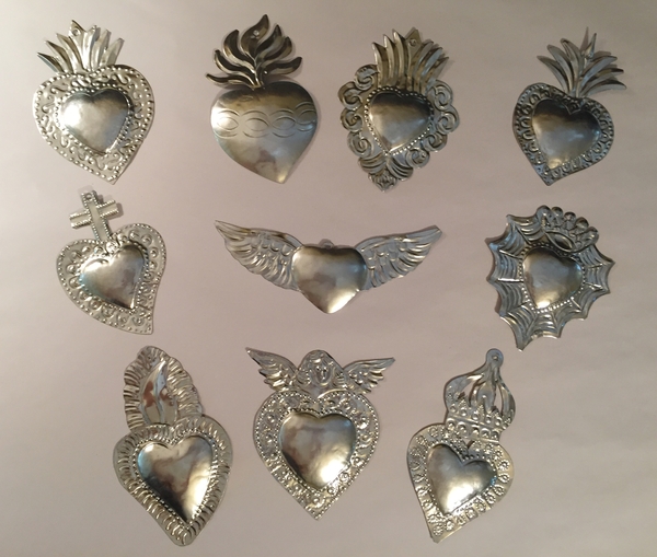 Set of 10 Tin Sacred Heart Ornaments, Natural | Tin Sacred Hearts
