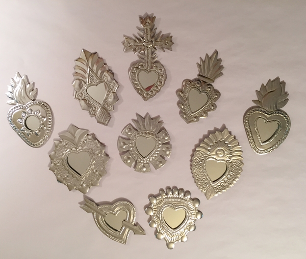 Set of 10 Tin Sacred Hearts with Mirror Ornaments, Natural | Religious Nichos and Tin Decor