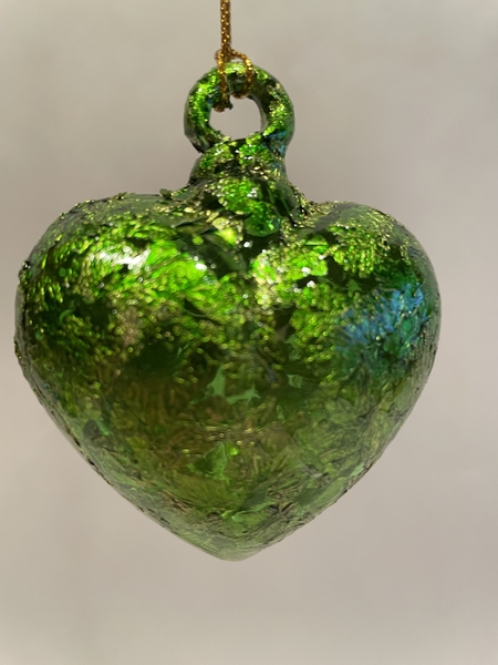 Green Heart with Green Leaf | Blown Glass Hearts