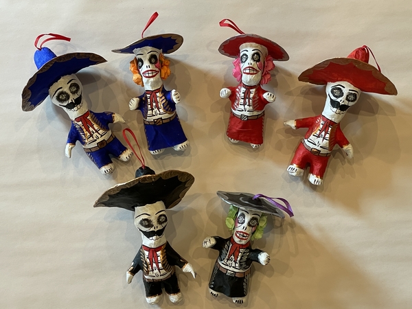 Mariachi Skeleton Ornament Pair, Small, S/4 | Day of the Dead Ornaments, Paper Mache