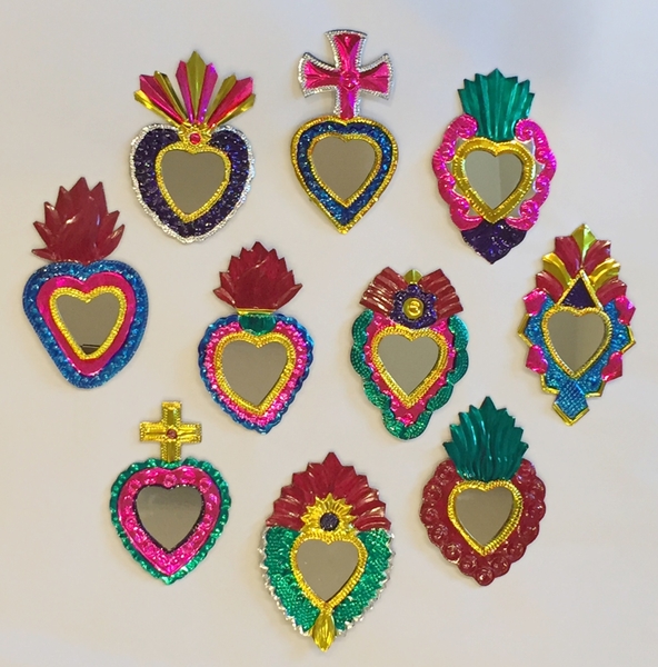 Tin Sacred Hearts with Mirror Ornaments, Colored, S/10 | Christmas Ornaments, Tin