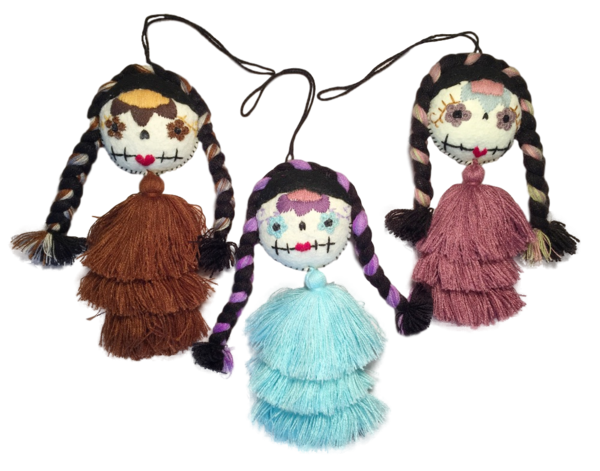 Embroidered Catrina Ornament, Cascading Pompom | Catrinas