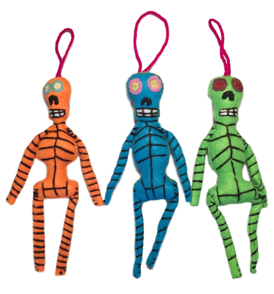 Hand Embroidered Colorful Skeleton, S/3 | Christmas Ornaments, Embroidered