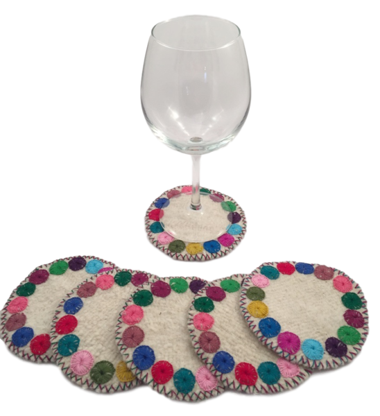 Chamula Coaster, White, Set of Six | Hand Embroidered Textiles