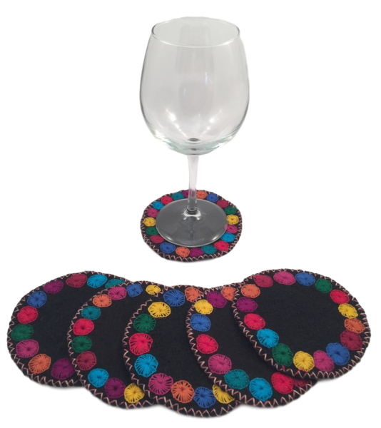 Chamula Coaster, Black, Set of Six | Hand Embroidered Textiles