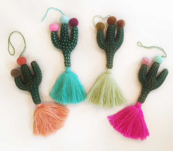 Saguaro Cactus Ornament with Ponpoms, S/3 | Christmas Ornaments, Embroidered