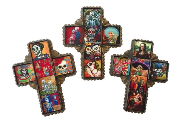 Tin Cross with Day of the Dead Tiles, Small, S/2 | Mexican Crosses, Assorted