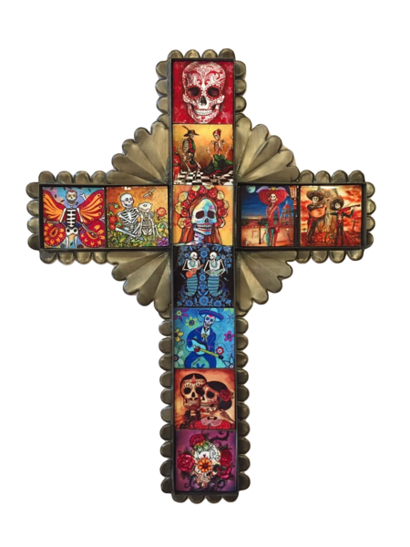 Tin Cross with Day of the Dead Tiles, Large, S/2 |  New Arrivals