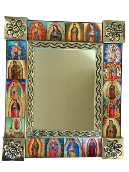 Tin Mirror with Guadalupe Tiles, S/2 | Religious Nichos and Tin Decor