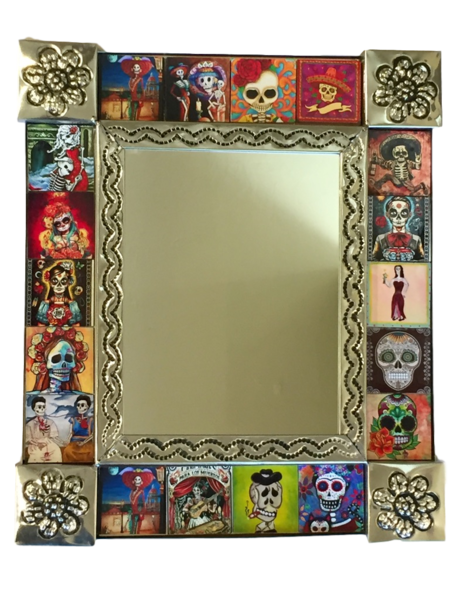 Tin Mirror with Day of the Dead Tiles, S/2 | Mexican Mirrors