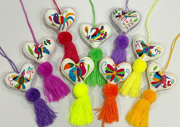 Otomi Heart Ornament with Pompom and Tassel | Embroidered Hearts