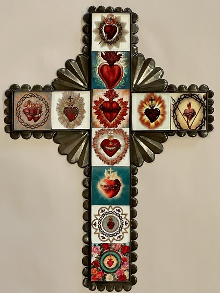 Sacred Heart Cross with Tiles, Tin, Large, S/2 | Tin Sacred Hearts