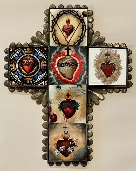 Tin Cross with Sacred Heart Tiles, Small, S/2 | Tin Sacred Hearts