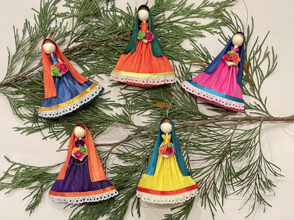 Mexican Corn Husk Woman with Flowers, Bright Colors | Corn Husk Christmas Ornaments