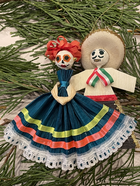 Mexican Corn Husk Catrina and Catrin Mariachi Ornament | Catrinas
