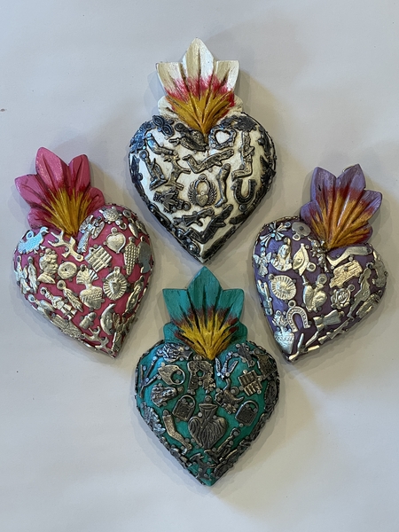 Sacred Heart with Milagros, Color, Small | Milagro Woodcarvings