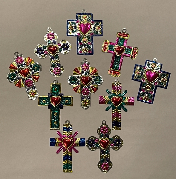 Set of 10 Colorful Tin Cross Ornaments | Religious Nichos and Tin Decor