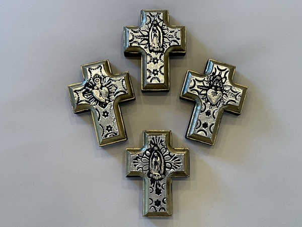 Miniature Silver Toned Cross with Milagro. Set of 4 | Milagro Woodcarvings