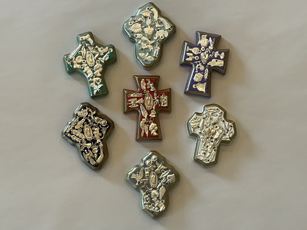 Miniature Colorful Cross with Milagros, Set of 2 | Milagro Woodcarvings