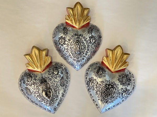 X-Large Silver Toned Heart with Milagros | Milagro Woodcarvings