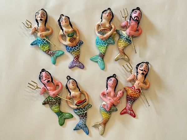 Traditional Guerrero Clay Ornaments, Mermaids, S/8 | Crafted in Clay