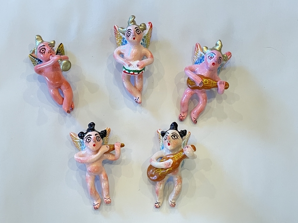 Traditional Guerrero Clay Ornaments, Musical Angel Cherub Ornaments, S/5 | Crafted in Clay