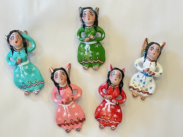 Traditional Guerrero Clay Ornaments, Angel Girl Ornaments, S/5 | Christmas Ornaments, Clay