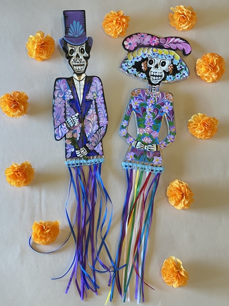 Matching Tin Catrin and Catrina with Dangly Ribbons | Day of the Dead Nichos and Tin Designs