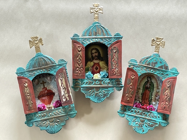 Turquoise Religious Nichos, Set of 3 | Religious Nichos and Tin Decor