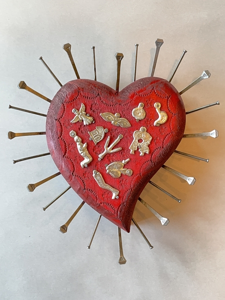 Sacred Heart with Nails, Red | Milagro Woodcarvings