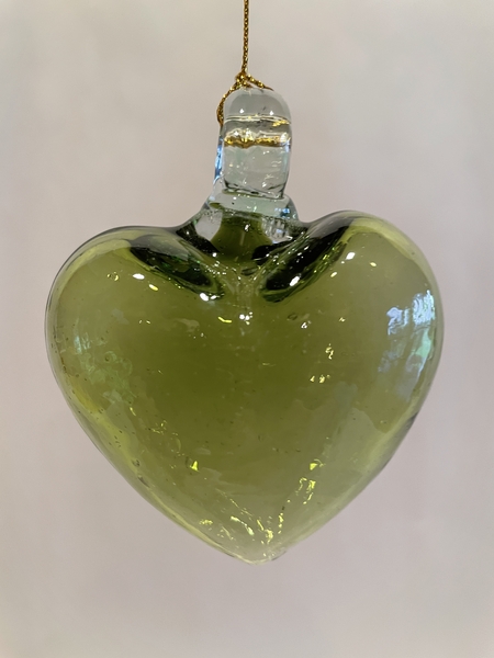 Mexican Blown Glass Heart, Olive Green | Blown Glass Hearts