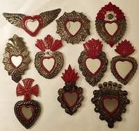 Image Set of 10 Tin Sacred Heart with Mirror Ornaments, Traditional