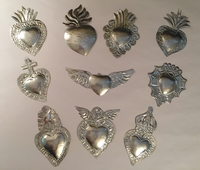Image Set of 10 Tin Sacred Heart Ornaments, Natural