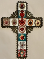 Image Sacred Heart Cross with Tiles, Tin, Large, S/2