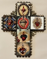 Image Tin Cross with Sacred Heart Tiles, Small, S/2